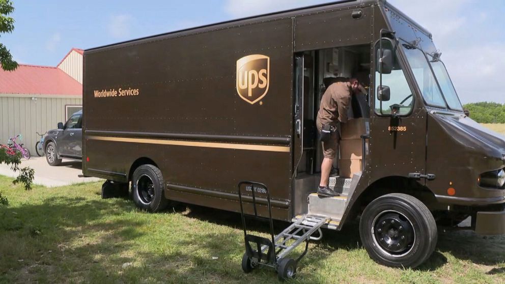 PHOTO: A UPS driver delivers boxes of food delivered to the Estes Gibbs family in Mabanks, Texas, from Meals-to-You, which is an initiative started before the pandemic to feed children in rural areas and spearheaded by Baylor University and the USDA.