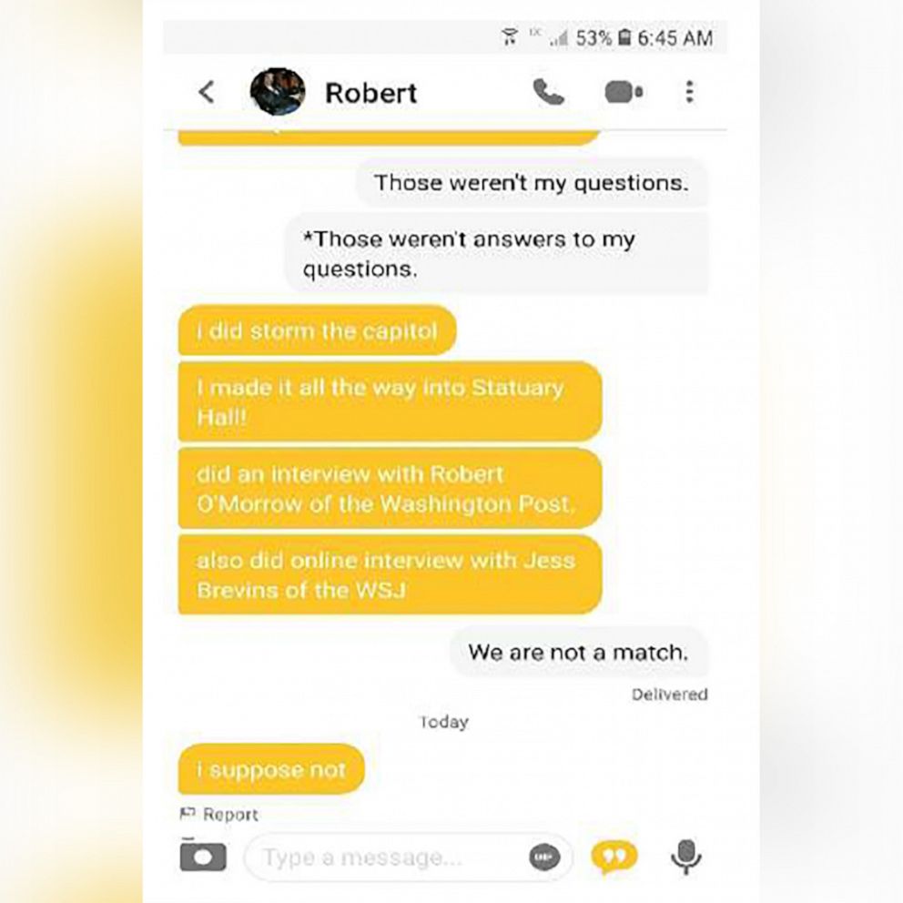 PHOTO: A screen grab from the Bumble dating app shows a conversation with a user identified by authorities as Robert Chapman.