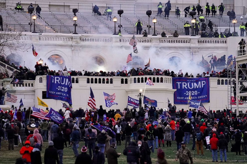 PHOTO: In this Jan. 6, 2021, file photo, rioters loyal to President Donald Trump storm the U.S. Capitol in Washington. 