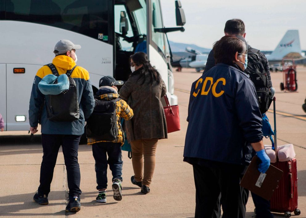 PHOTO: This handout photo released by the U.S. Marine Corps shows evacuees from China arriving at Marine Corps Air Station Miramar in San Diego, California, on Feb. 5, 2020.