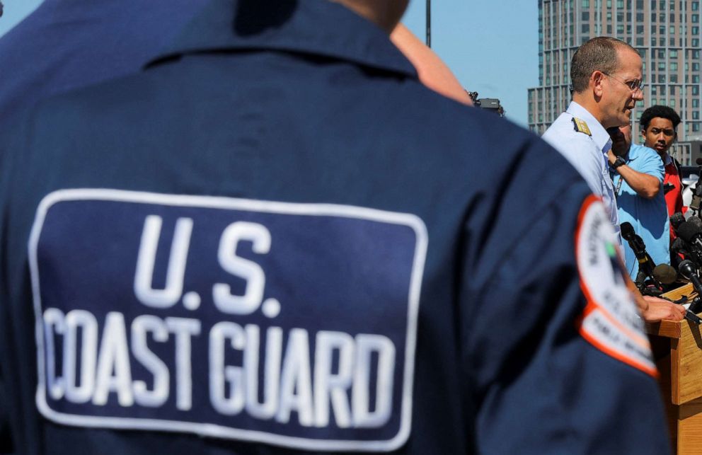 PHOTO: Rear Adm. John Mauger, the First Coast Guard District commander, speaks during a press conference about the search for the missing OceanGate submersible carrying five people to explore the wreck of the sunken Titanic, in Boston, June 22, 2023.