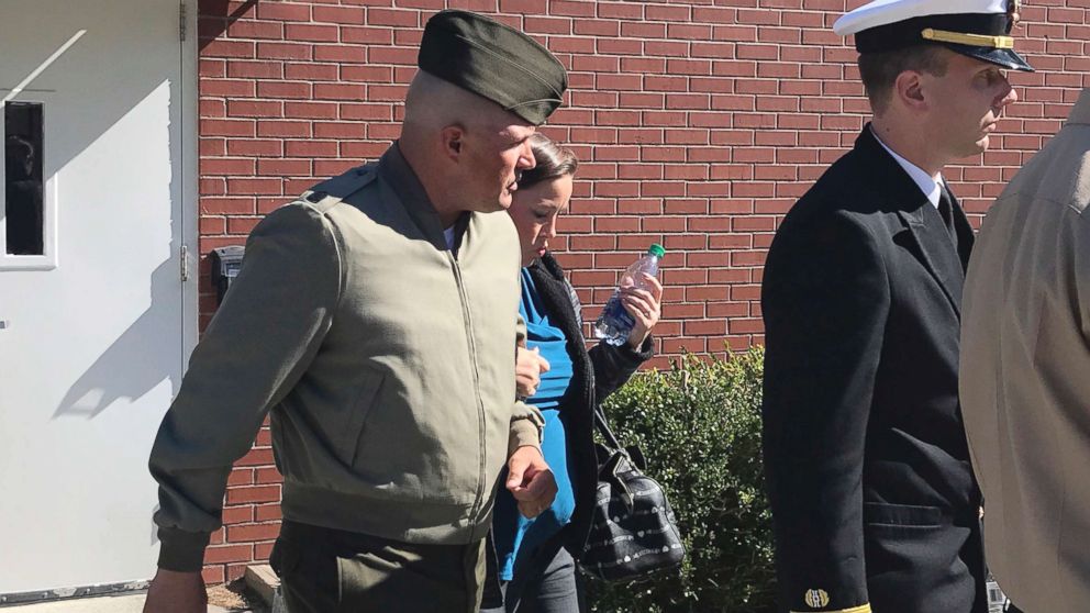 PHOTO: U.S. Marine Gunnery Sgt. Joseph A. Felix and his wife exit a courtroom after testimony at Camp Lejeune, N.C., Oct. 31, 2017. 
