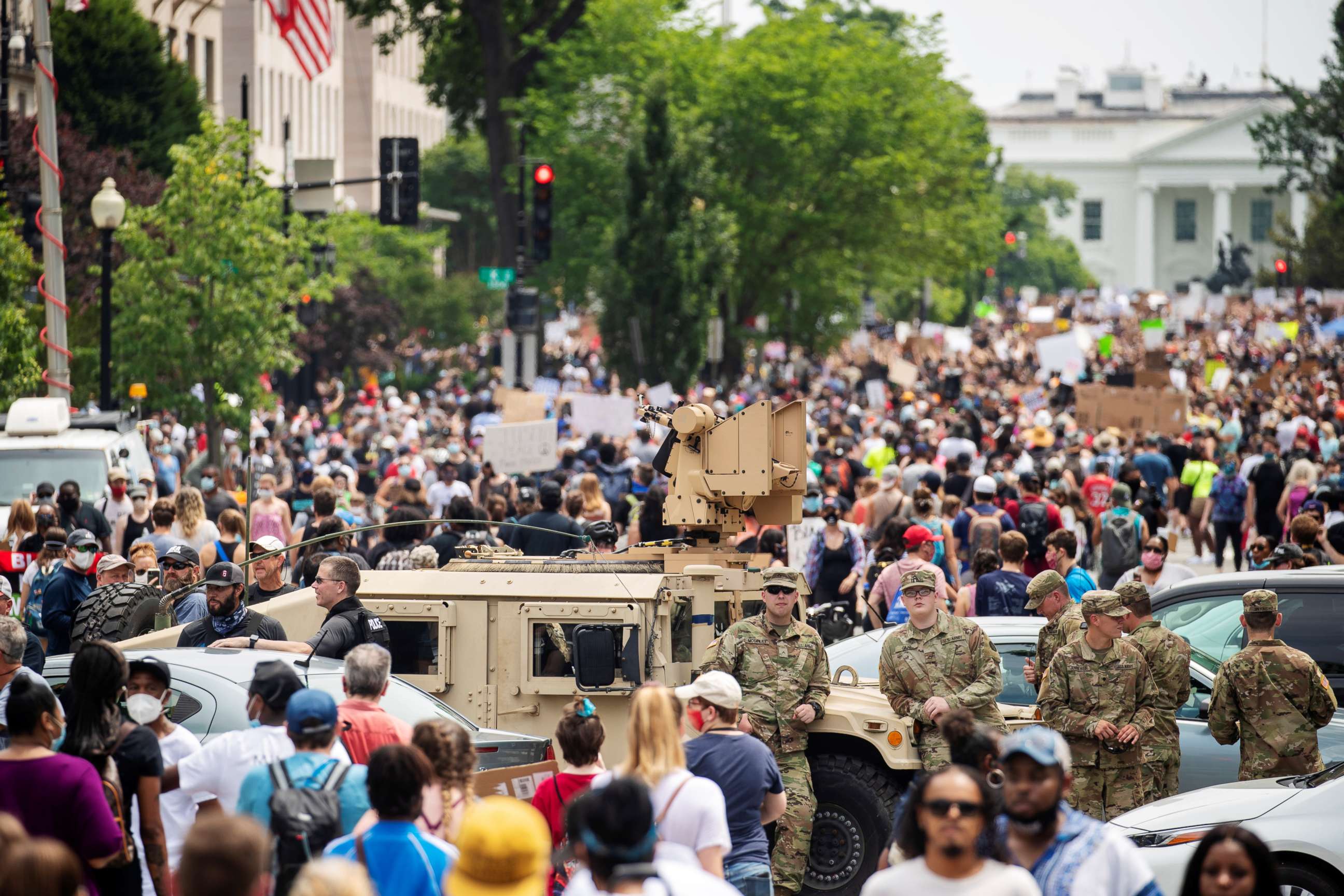 PHOTO: Members of the U.S. National Guard stand next to their vehicle during a protest against racism and police brutality near the White House in Washington, D.C., on June 6, 2020.