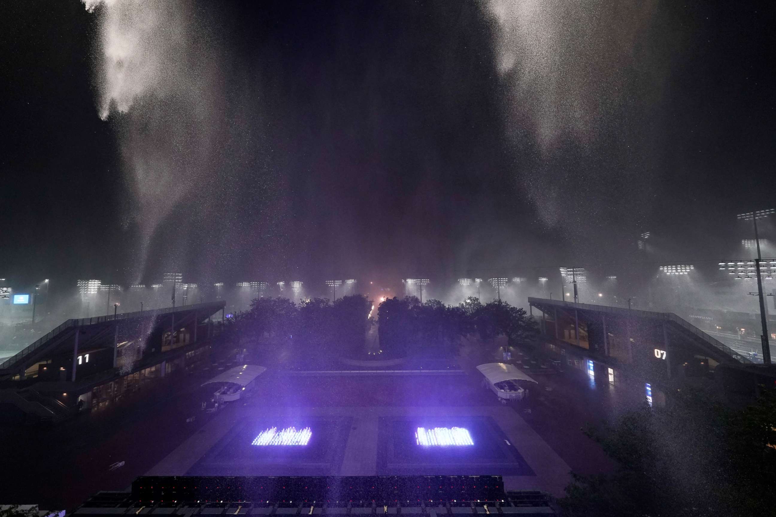 PHOTO: Rain falls outside Arthur Ashe Stadium during the second round of the US Open tennis championships, Wednesday, Sept. 1, 2021, in New York. 