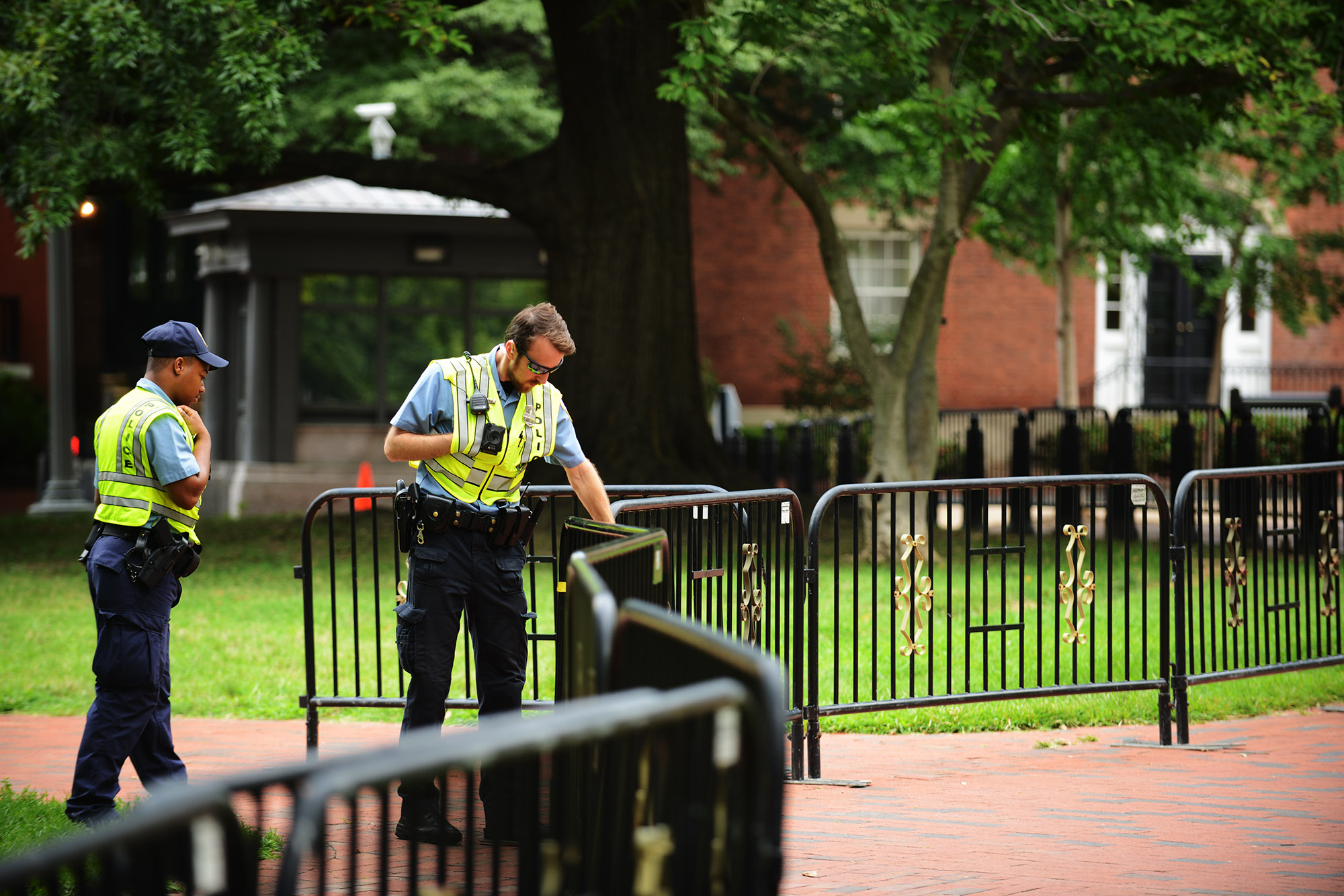 PHOTO: US Park Police officers patrol a secured, barricaded area at Lafayette Square in Washington, D.C., Aug. 12, 2018.