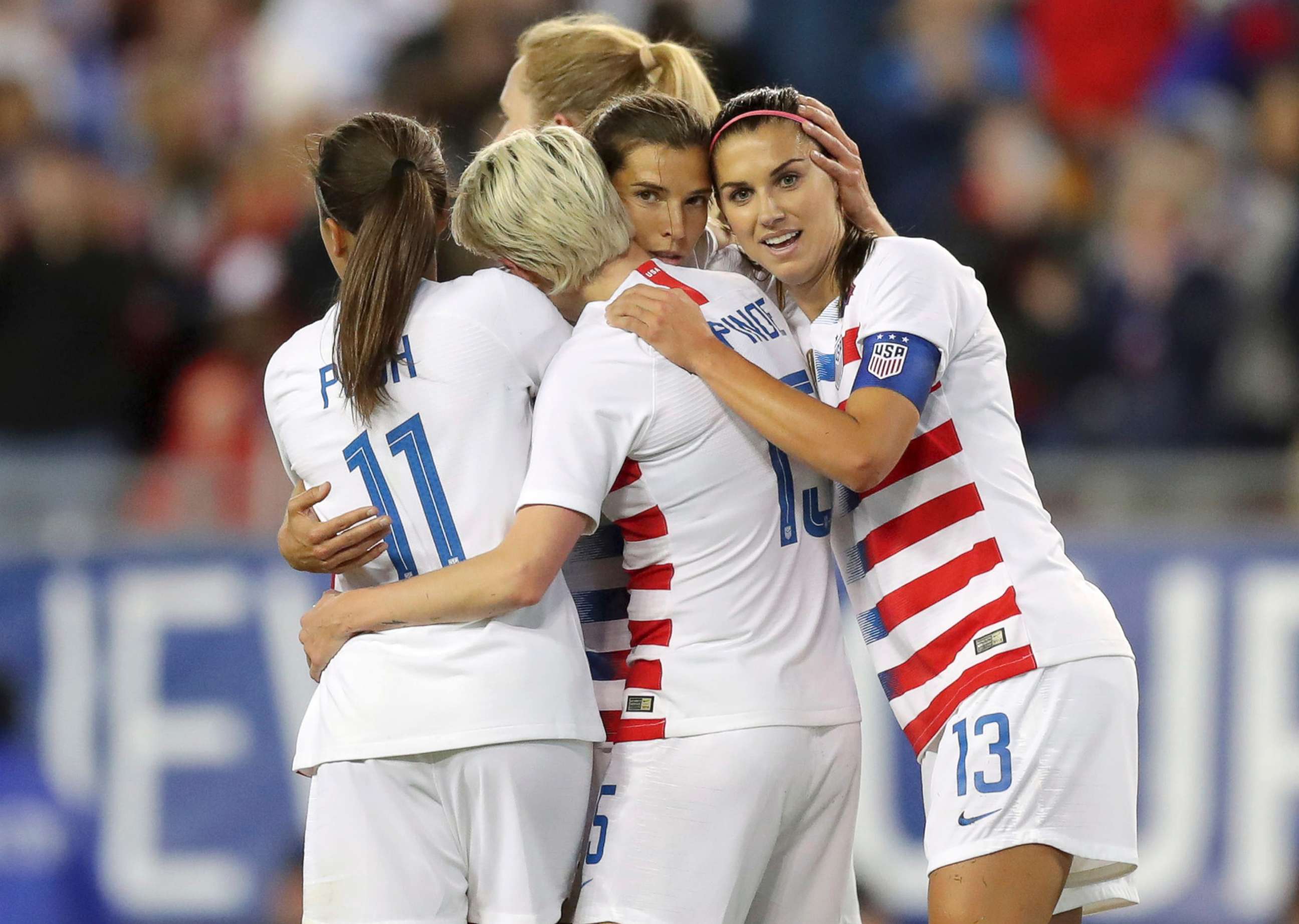 PHOTO: United States' Tobin Heath, second from right, is congratulated on her goal by Mallory Pugh (11), Megan Rapinoe and Alex Morgan (13) during the first half of a SheBelieves Cup soccer match against Brazil, March 5, 2019, in Tampa, Fla.