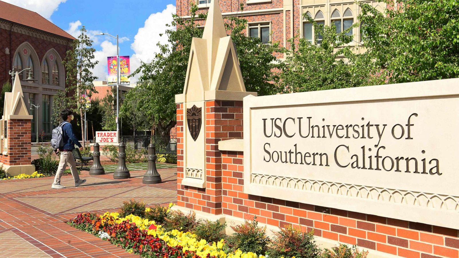 PHOTO: In this file photo taken on March 11, 2020, a student walks on campus at the University of Southern California in Los Angeles.