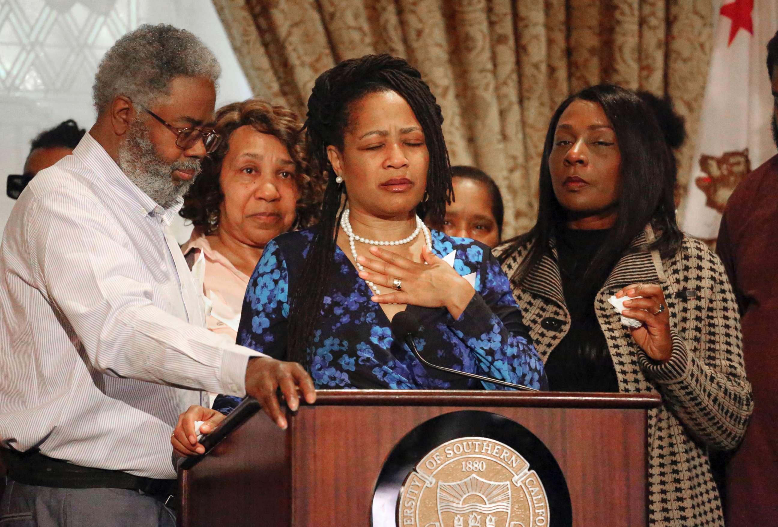 PHOTO: Oakland City Councilwoman Lynette McElhaney, the mother of Victor McElhaney, 21, a student killed Sunday, March 10, 2019, during an attempted robbery, talks about her son during a news conference on the USC campus in Los Angeles, March 12, 2019.