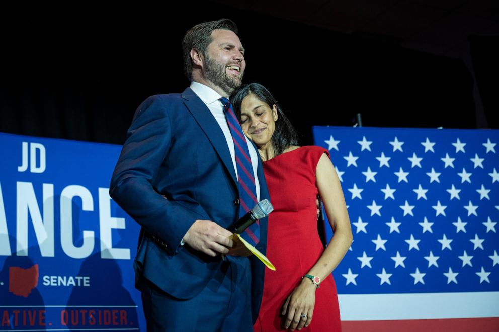 PHOTO: Republican U.S. Senate candidate J.D. Vance embraces his wife Usha Vance after winning the primary, at an election night event at Duke Energy Convention Center, May 3, 2022, in Cincinnati.