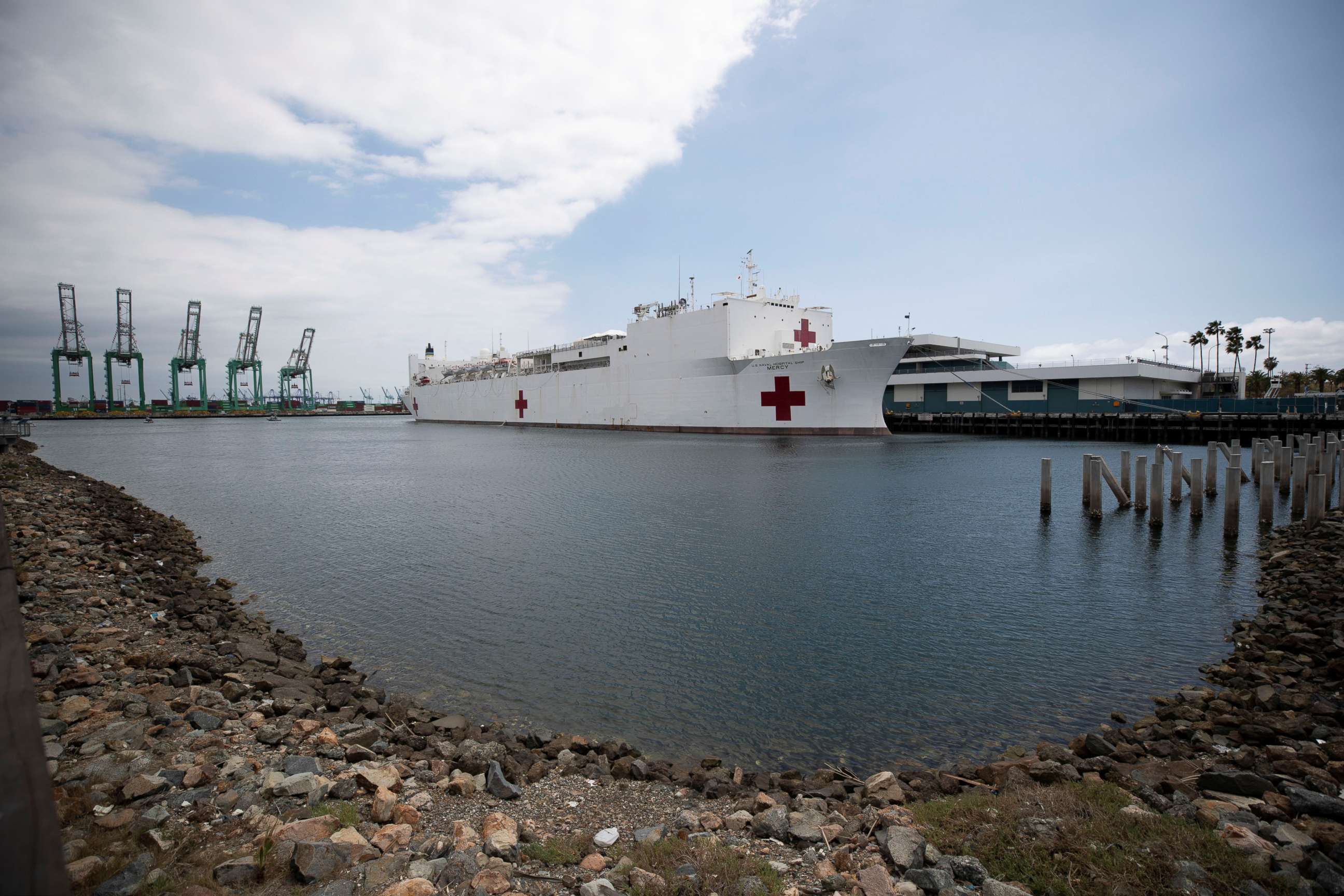 PHOTO: The USNS Mercy hospital ship is docked at the Port of Los Angeles during the global pandemic of the novel coronavirus, in Los Angeles, California, U.S., April 13, 2020.
