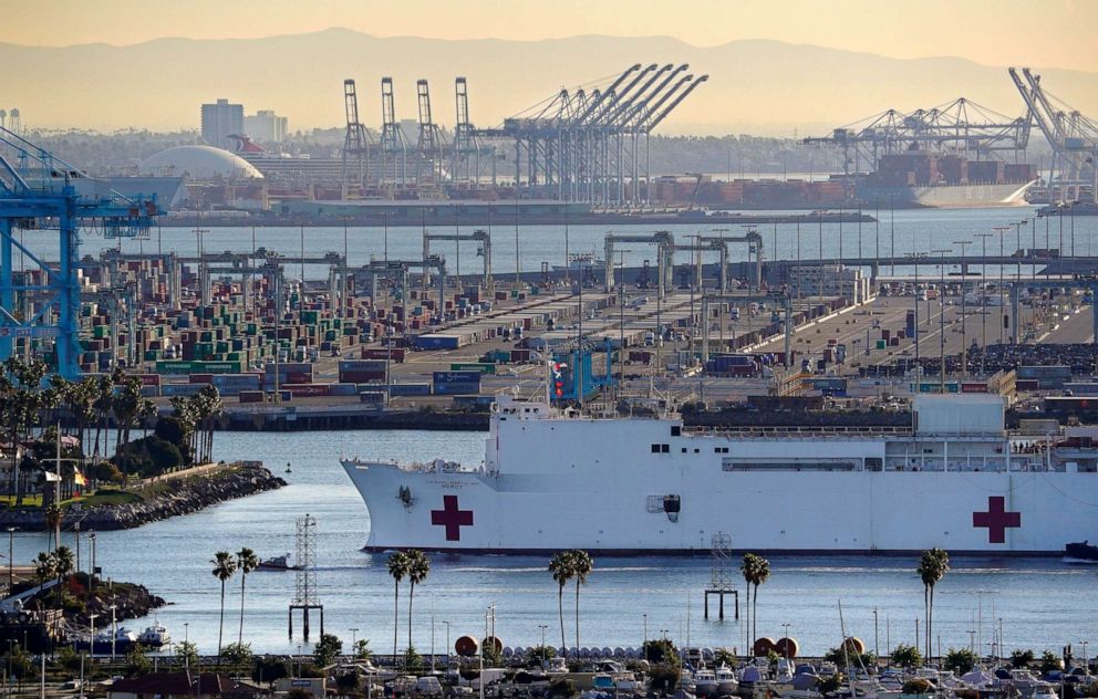 PHOTO: In this March 27, 2020, file photo, The USNS Mercy enters the Port of Los Angeles in Los Angeles. 