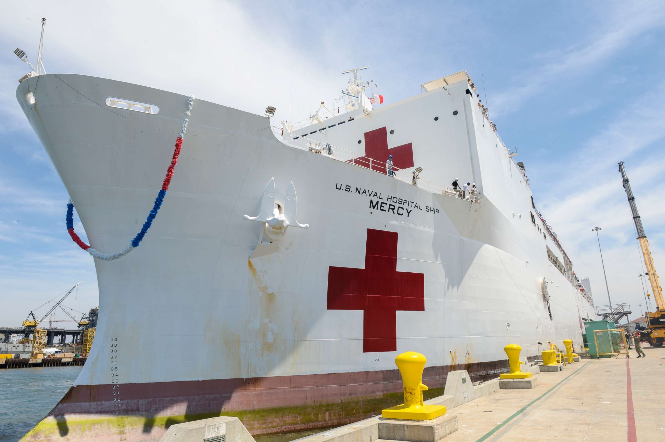 PHOTO: The USNS Mercy moors to the pier at Naval Base San Diego upon returning from Pacific Partnership, July 21, 2018.