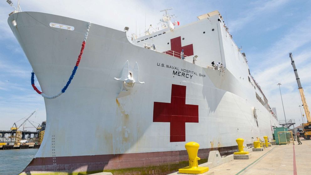 PHOTO: The USNS Mercy moors to the pier at Naval Base San Diego upon returning from Pacific Partnership, July 21, 2018.