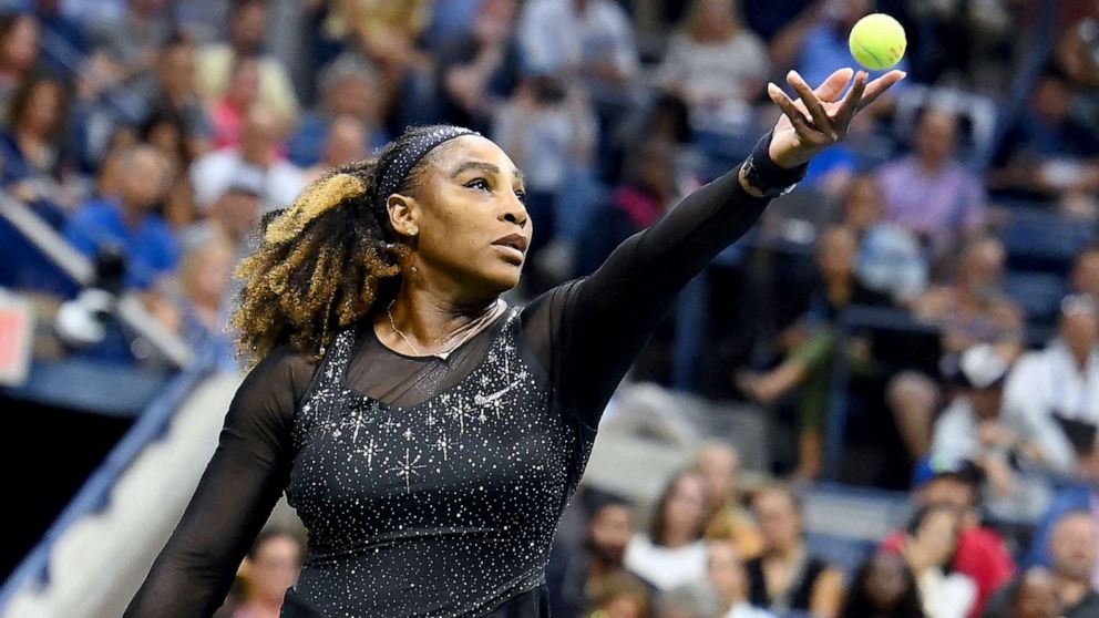 PHOTO: USA's Serena Williams serves to Estonia's Anett Kontaveit during their 2022 US Open Tennis tournament women's singles second round match in New York, Aug. 31, 2022.