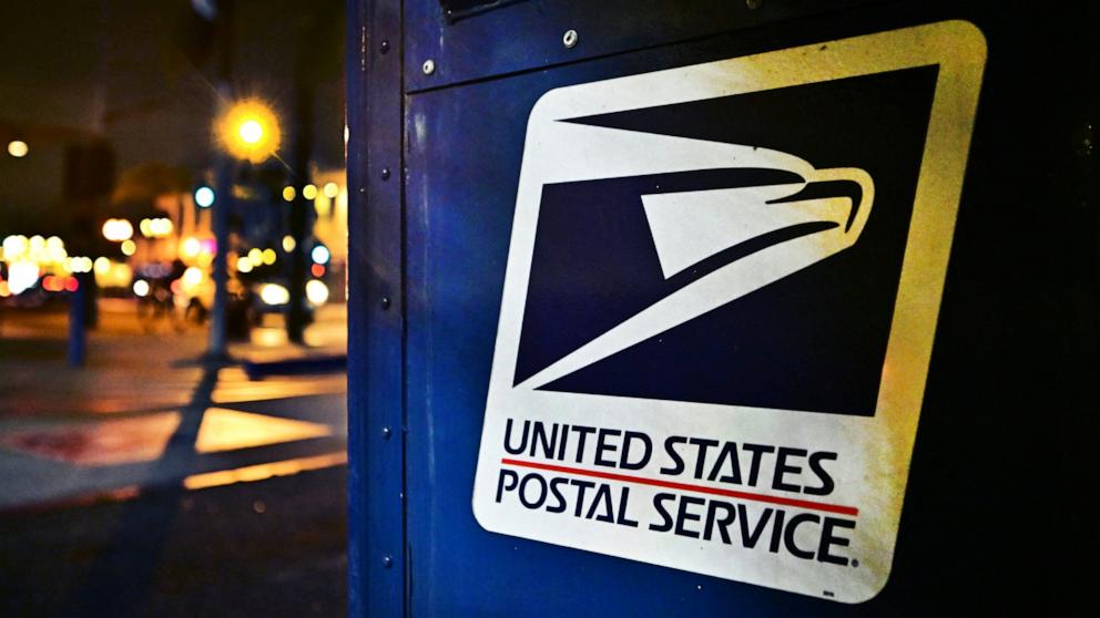 PHOTO: The United State Postal Service emblem is seen on the side of a mailbox in Monterey Park, Calif., on Feb. 4, 2025.
