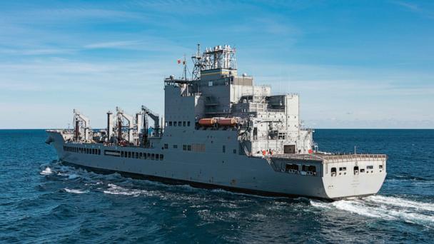 The John Lewis-class replenishment oiler USNS Harvey Milk (T-AO-206) conducts a replenishment at sea, Dec. 13, 2024. 

