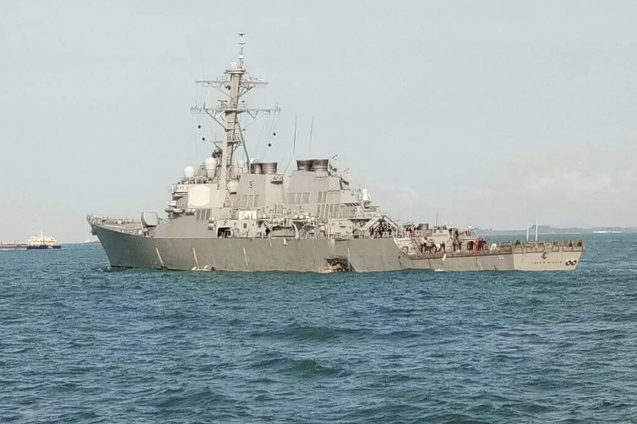 PHOTO: A handout photo made available by the Royal Malaysian Navy shows the U.S. guided-missile destroyer USS John S McCain after a collision off the coast of Johor, Malaysia, Aug. 21, 2017.
