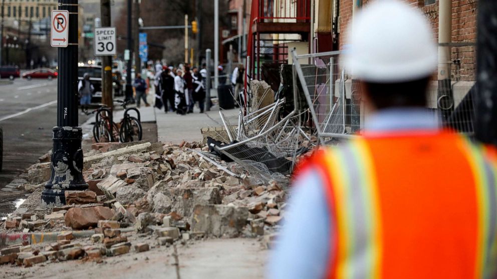 PHOTO: Fallen debris is seen at a building in Salt Lake City after an earthquake on Wednesday, March 18, 2020.