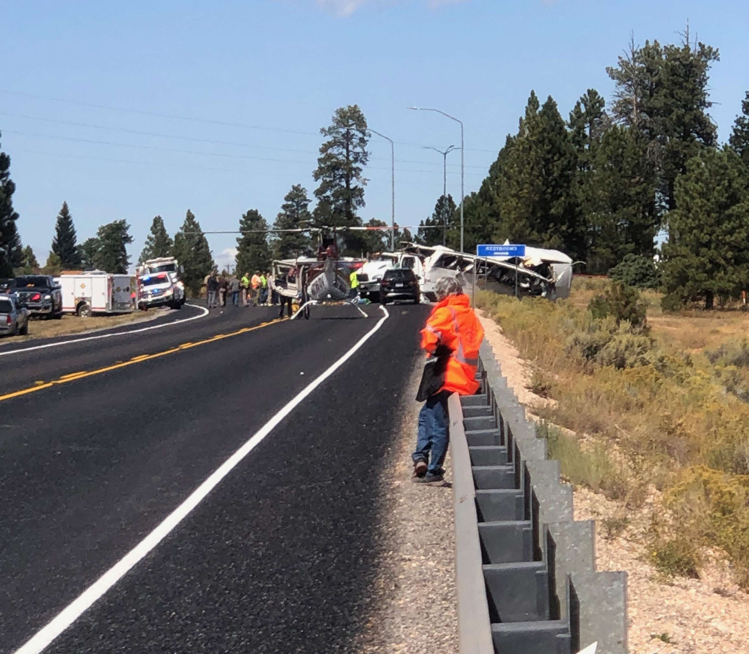 PHOTO: First responders work at the scene where a tour bus crashed near Bryce Canyon National Park on SR-12 in Utah, Sept. 20, 2019.