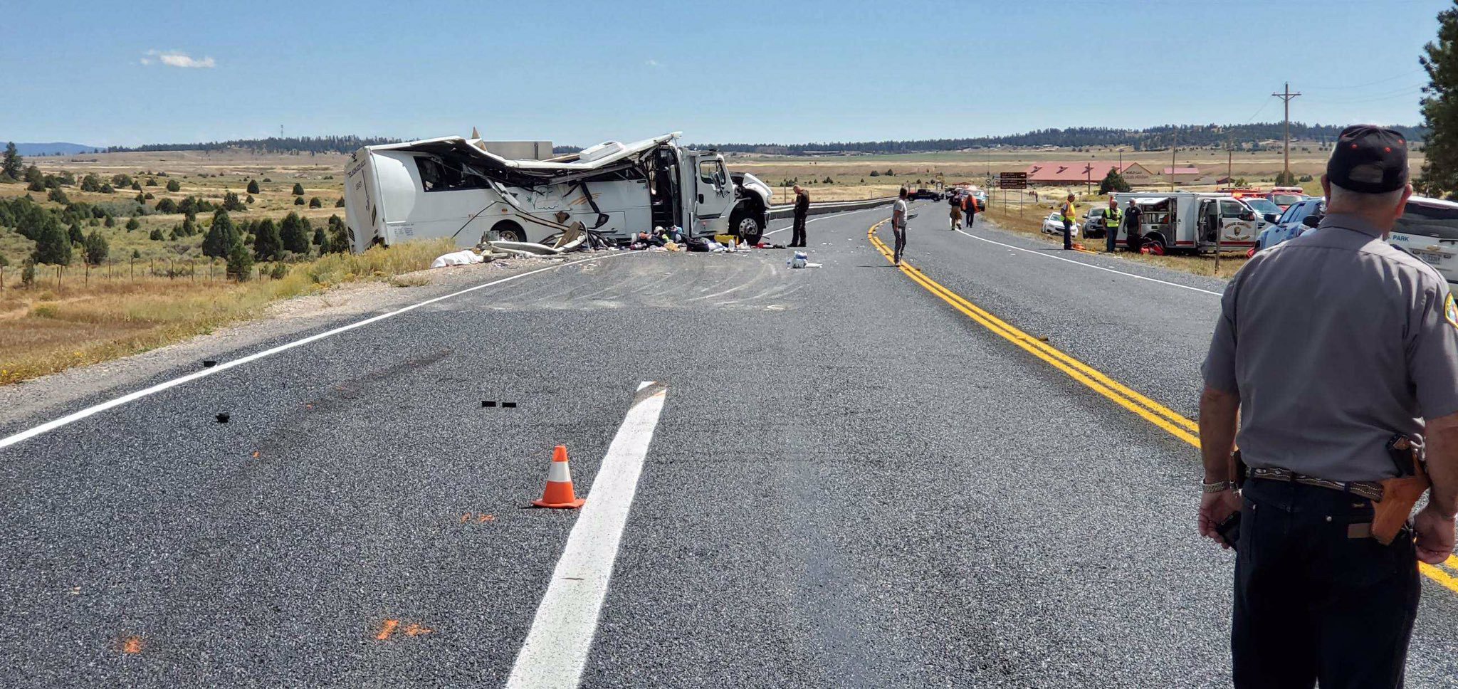 PHOTO: People work at the scene where a tour bus crashed near Bryce Canyon National Park on SR-12 in Utah, Sept. 20, 2019.