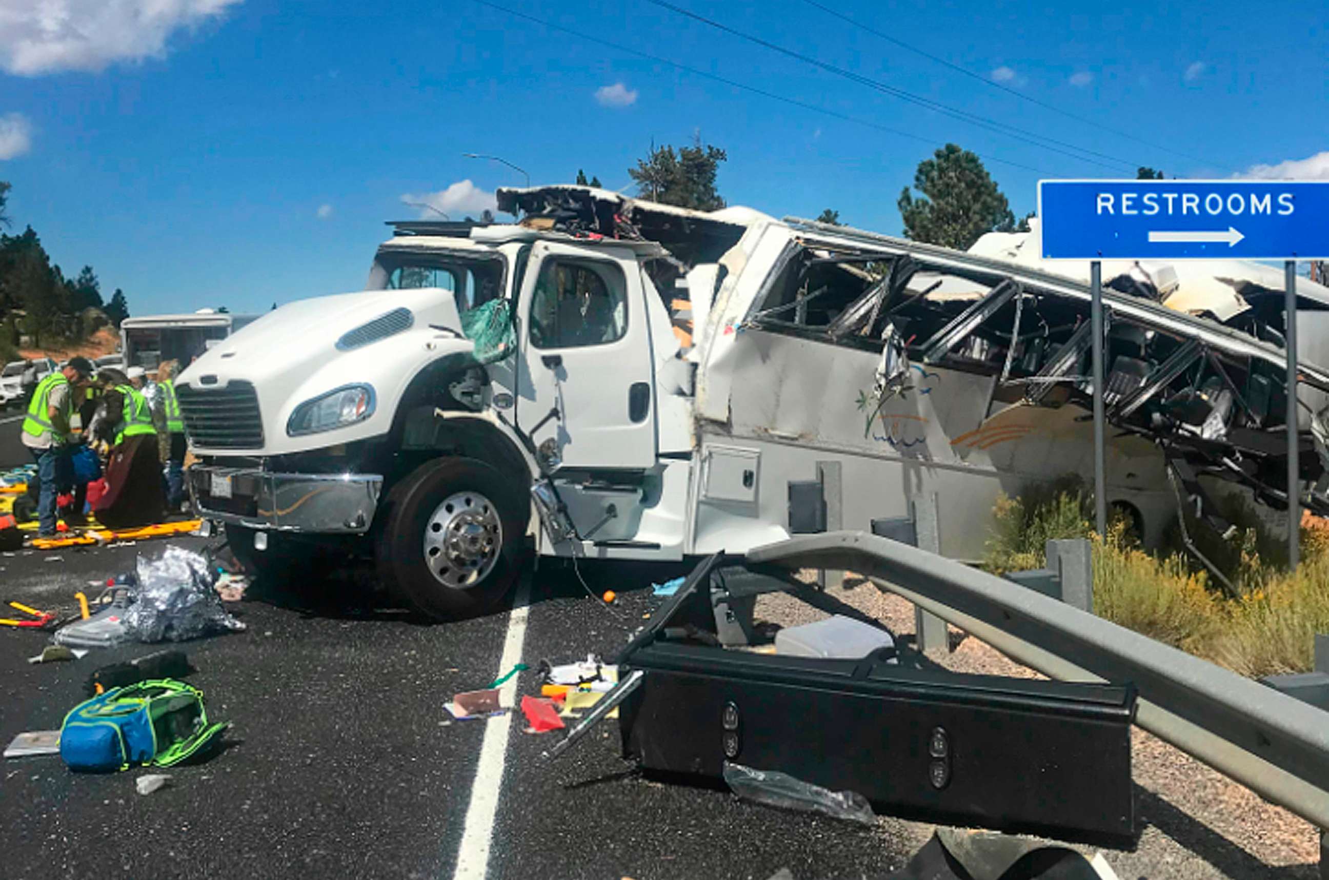 PHOTO: This photo released by the Garfield County Sheriff's Office shows a tour bus after it crashed near Bryce Canyon National Park in southern Utah, killing at least four people and critically injuring up to 15 others, Sept. 20, 2019.
