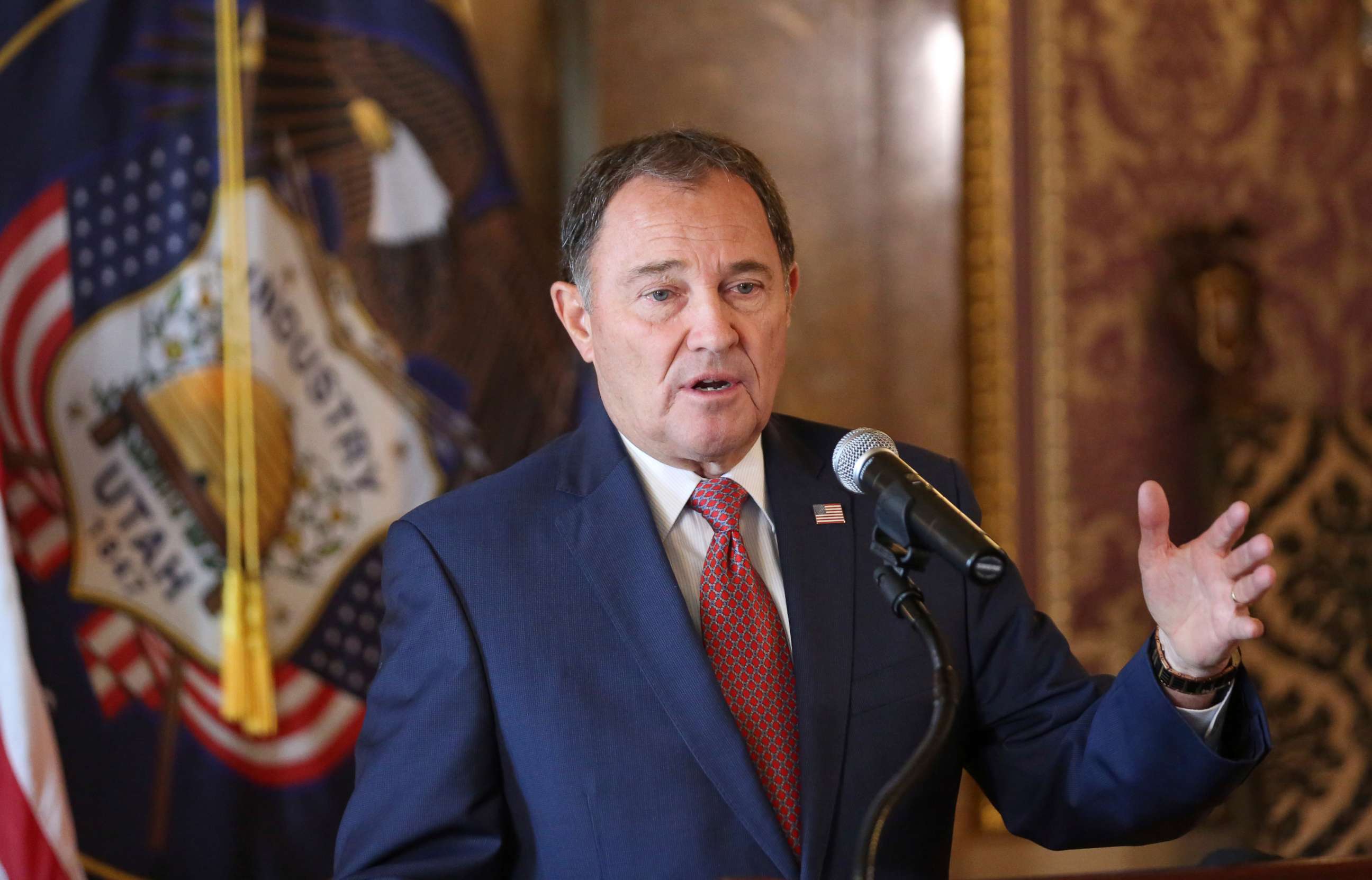 PHOTO: Utah Gov. Gary Herbert gestures during a news conference at the Utah State Capitol in Salt Lake City, Feb. 28, 2019.