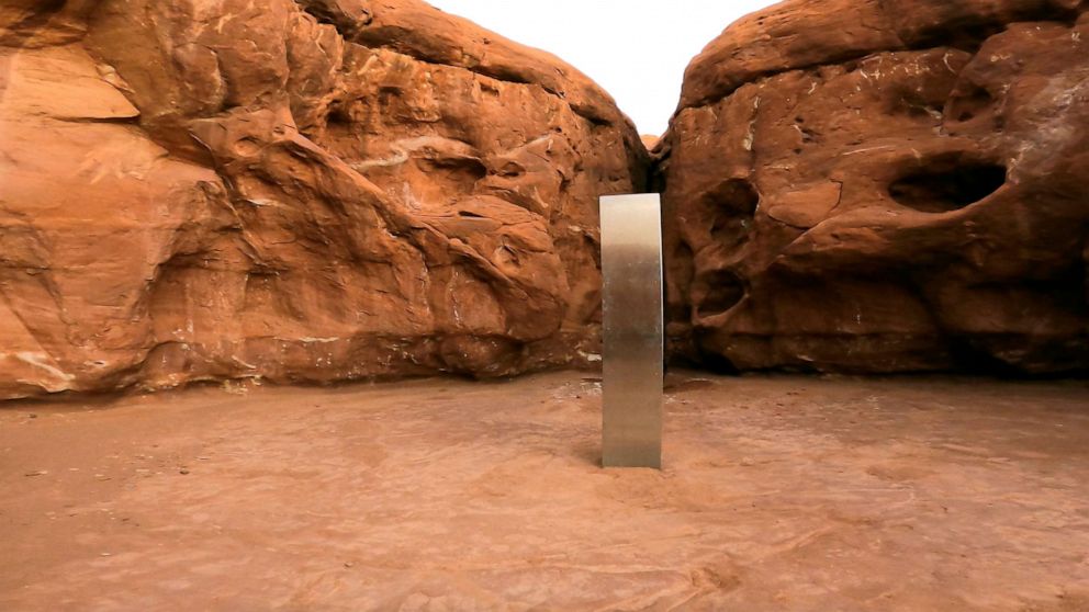 PHOTO: A metal monolith is seen in Red Rock Desert, Utah, Nov. 25, 2020.