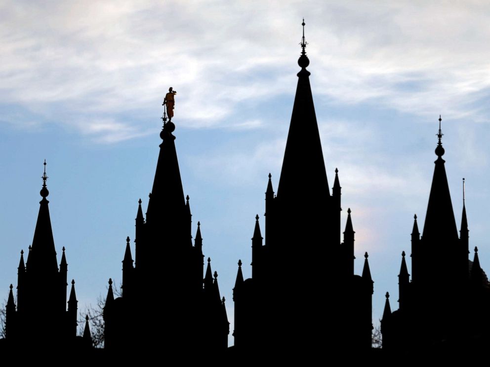 PHOTO: The angel Moroni statue, silhouetted against the sky, sits atop the Salt Lake Temple at Temple Square in Salt Lake City, Jan. 3, 2018.