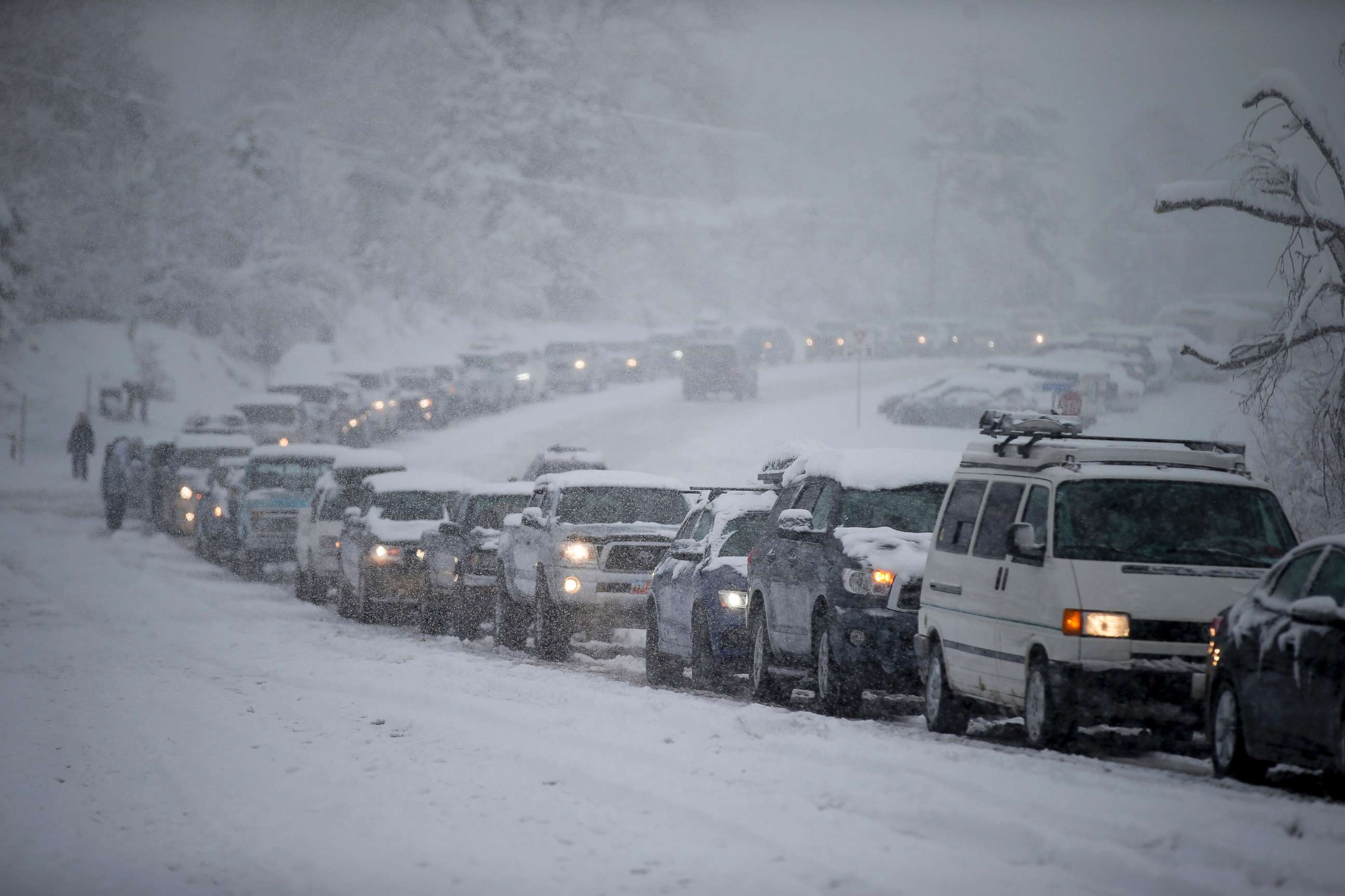 PHOTO: Traffic is backed up in all directions at the mouth of Big Cottonwood Canyon, west of Salt Lake City, as the canyon experiences intermittent closures during a winter storm, Jan. 21, 2019.