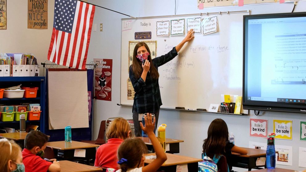 PHOTO: A teacher instructs students at Freedom Preparatory Academy in Provo, Utah, Sept. 10, 2020.