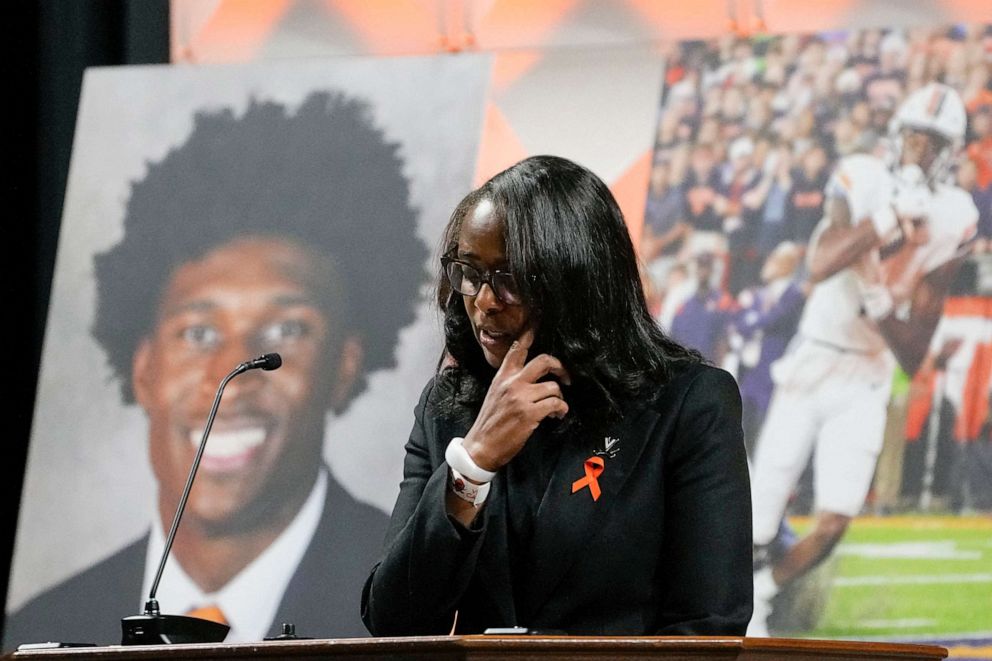 PHOTO: University of Virginia Athletic Director Carla Williams speaks during a memorial service for three slain University of Virginia football players at John Paul Jones Arena at the school in Charlottesville, Va., Nov. 19, 2022.