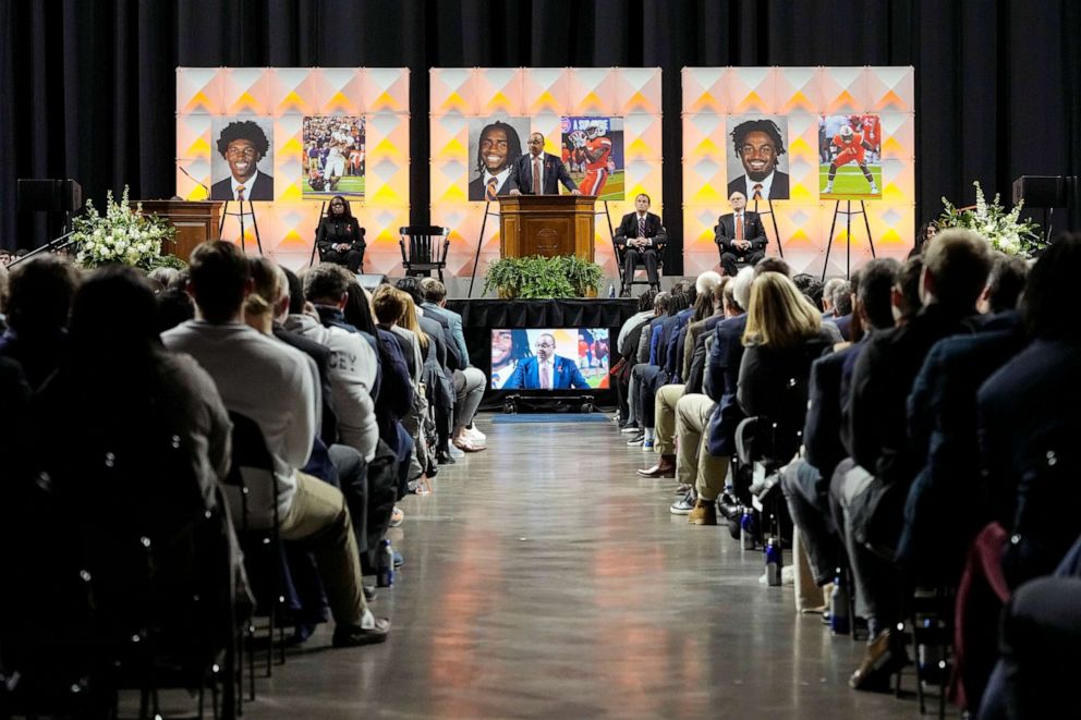 PHOTO: University of Virginia football coach Tony Elliott speaks at a memorial service for three slain University of Virginia football players at the school's John Paul Jones Arena in Charlottesville, Virginia, November 19, 2022.