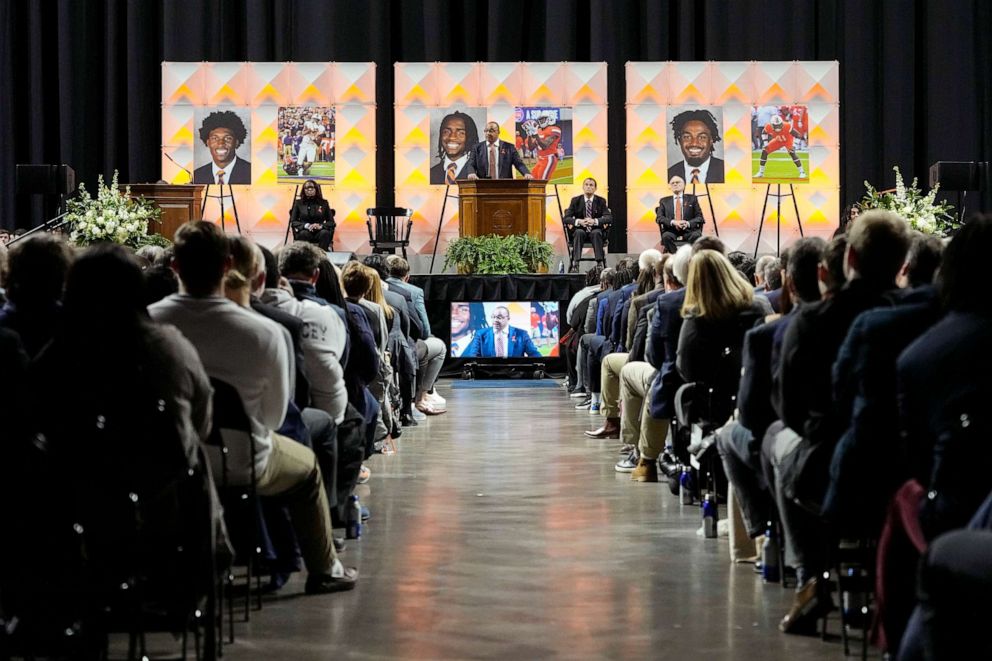 PHOTO: University of Virginia football coach Tony Elliott speaks during a memorial service for three slain University of Virginia football players at John Paul Jones Arena at the school in Charlottesville, Va., Nov. 19, 2022.