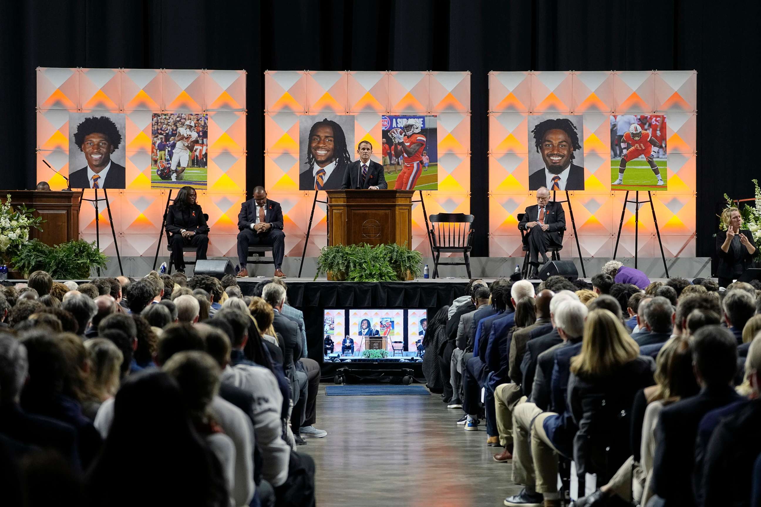 PHOTO: UVA President Jim Ryan speaks during a memorial service for three slain football players Lavel Davis Jr., D'Sean Perry and Devin Chandler at John Paul Jones Arena at the school in Charlottesville, Va., on Nov. 19, 2022.