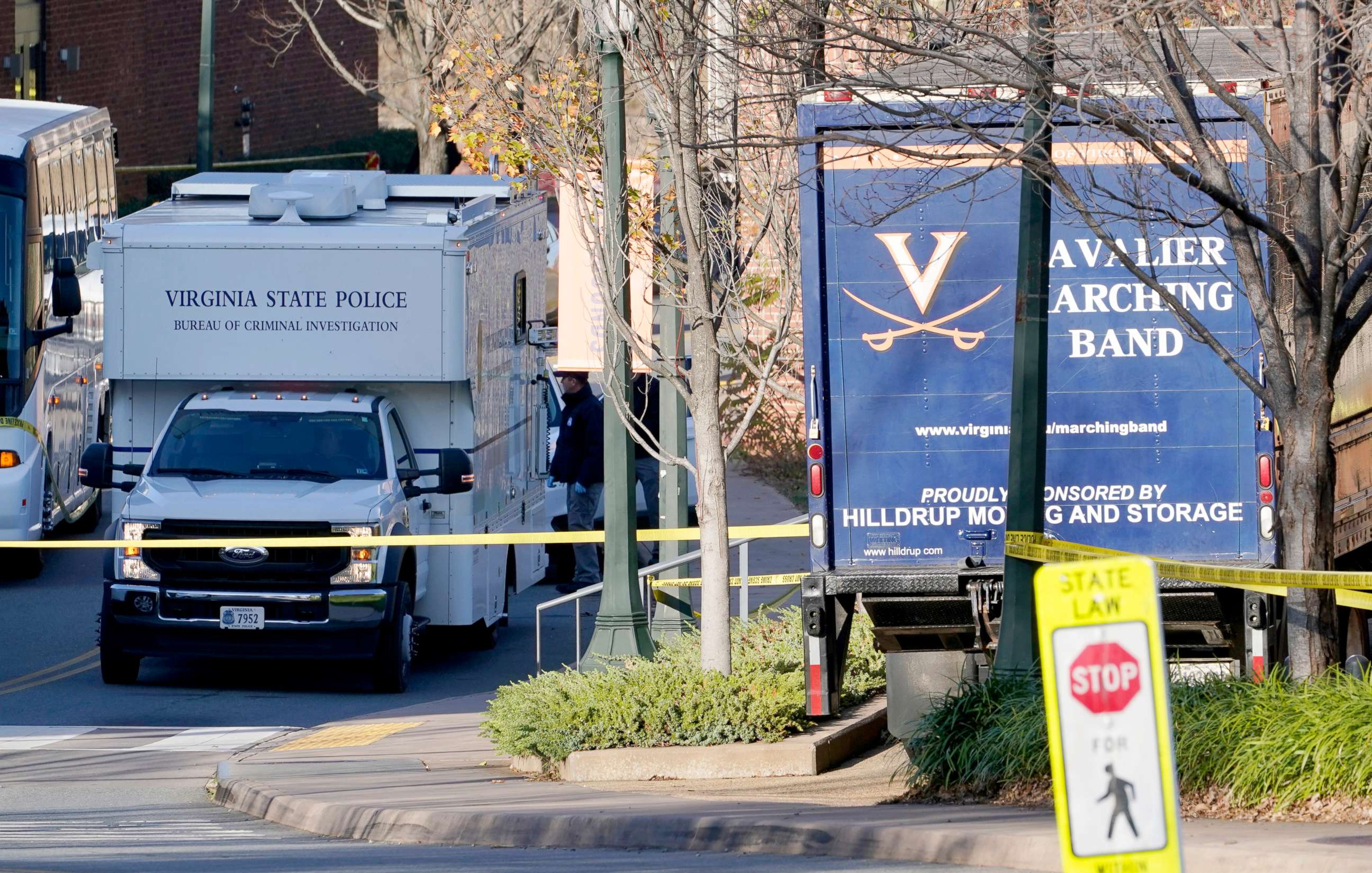 PHOTO: A Virginia State Police crime scene investigation truck is on the scene of an overnight shooting at the University of Virginia, Nov. 14, 2022, in Charlottesville.