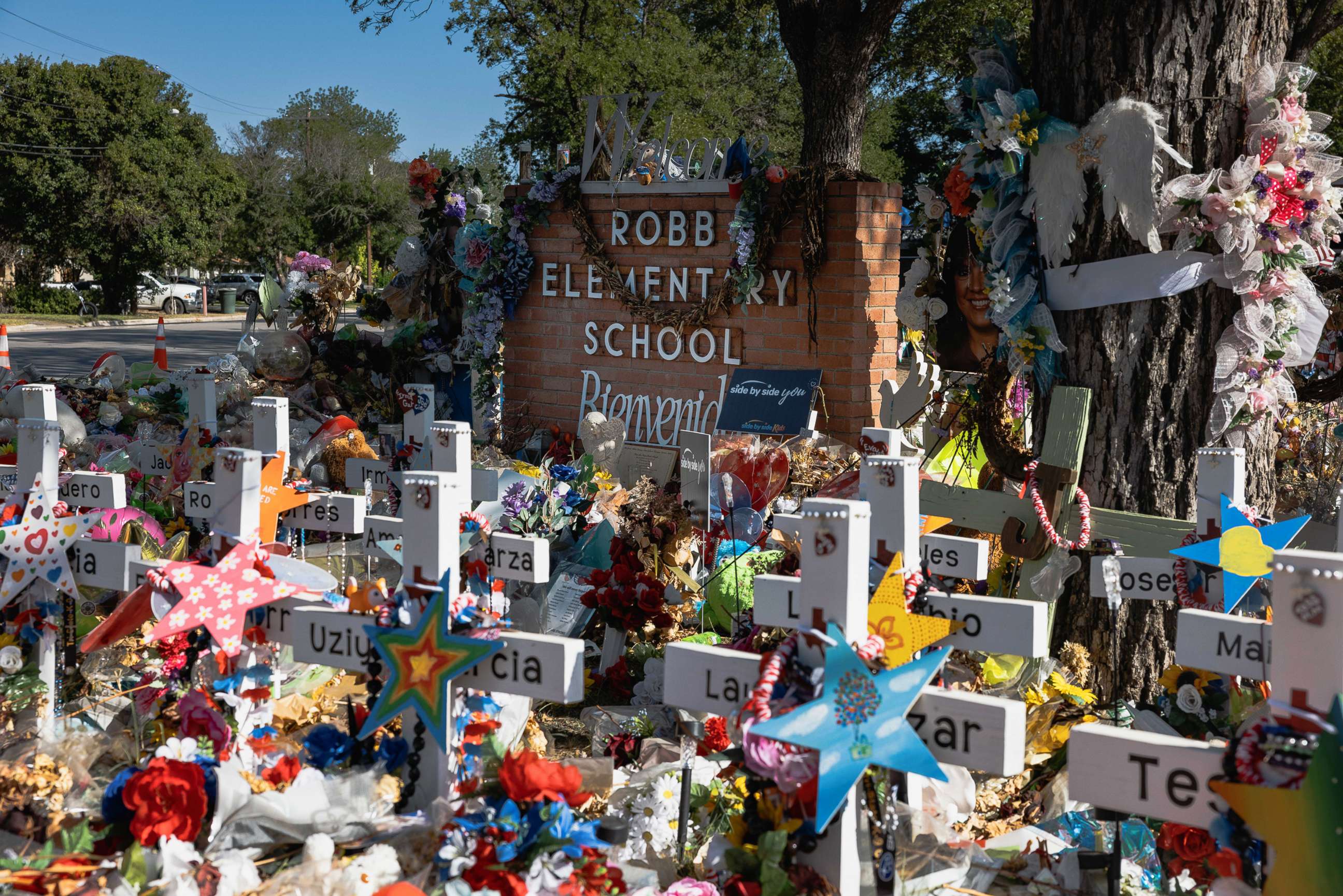 PHOTO: The memorial for the massacre at Robb Elementary School, June 24, 2022, in Uvalde, Texas. 