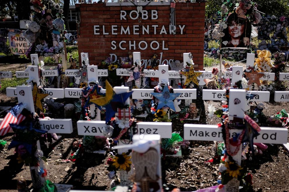 PHOTO: A general view of the memorial outside Robb Elementary, where a gunman killed 19 children and two teachers in the U.S. school shooting, in Uvalde, Texas, Nov. 27, 2022. 