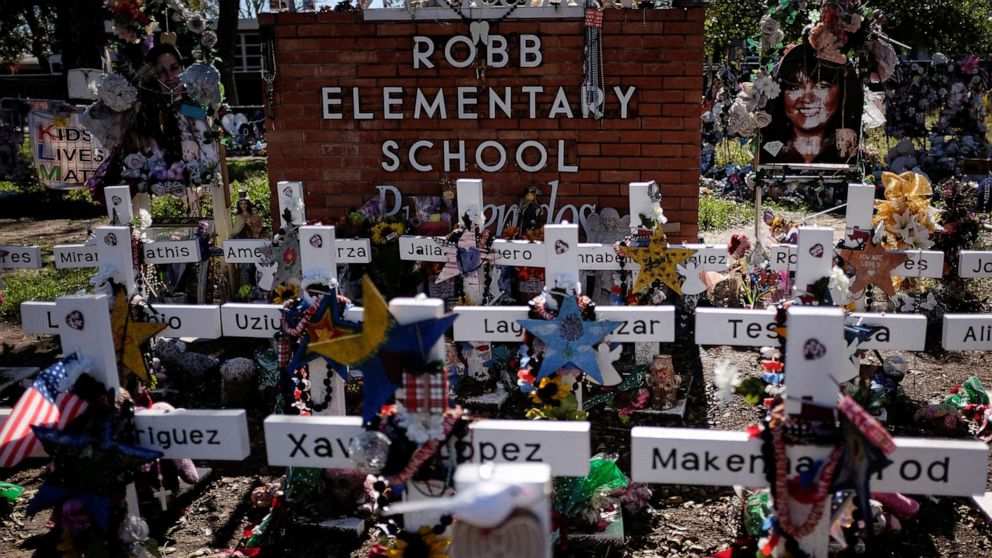 PHOTO: A general view of the memorial outside Robb Elementary, where a gunman killed 19 children and two teachers in the U.S. school shooting, in Uvalde, Texas, Nov. 27, 2022. 