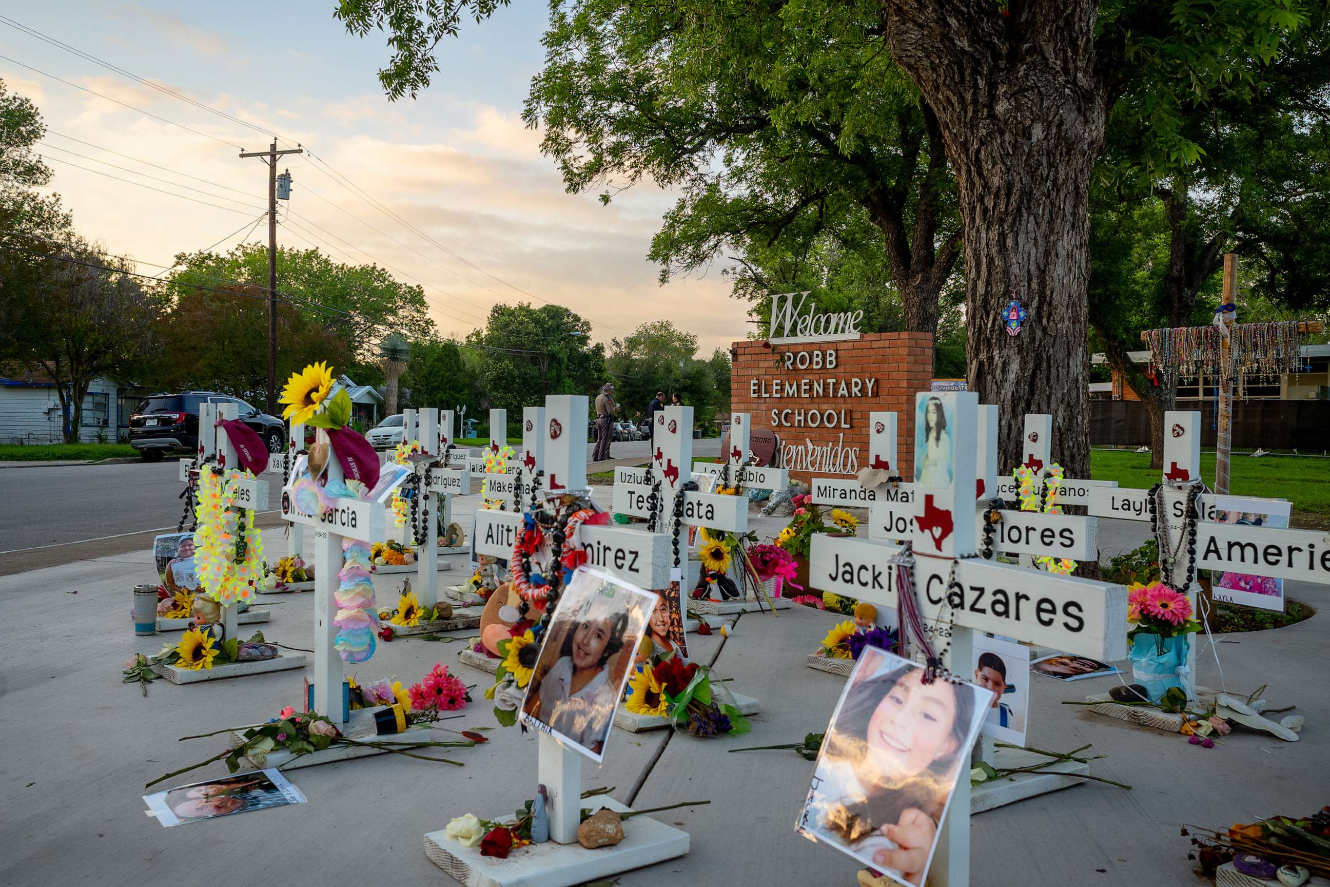 PHOTO: A memorial dedicated to the 19 children and two adults murdered, May 24, 2022, during the mass shooting at Robb Elementary School in Uvalde, Texas.