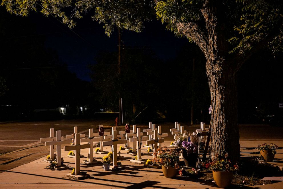PHOTO:A memorial dedicated to the 19 children and two adults murdered on May 24, 2022 during the mass shooting at Robb Elementary School is seen on April 27, 2023, in Uvalde, Texas.