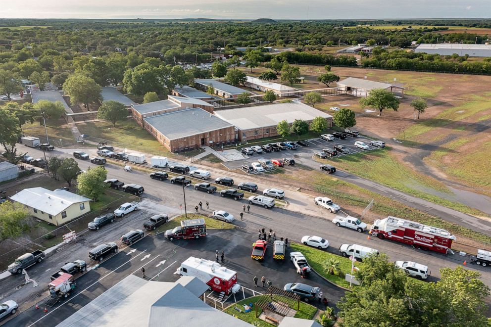 PHOTO: An aerial view of law enforcement working on the scene at Robb Elementary School, May 25, 2022, in Uvalde, Texas.