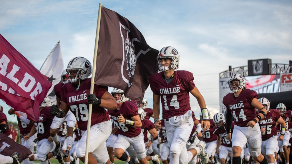 PHOTO: The Uvalde High School Coyotes played and won their first home game of the season in Uvalde, Texas, Sept. 2, 2022.  