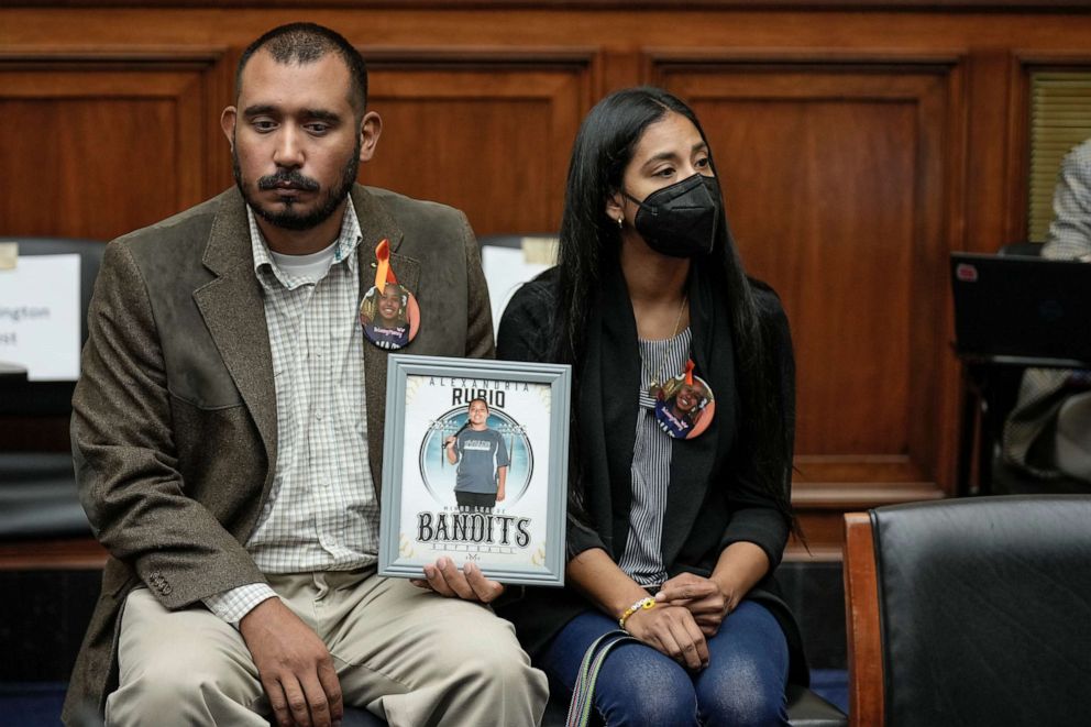 PHOTO: Felix Rubio and Kimberly Rubio hold a photograph of their late daughter Alexandria Rubio, who was killed during the Uvalde, Texas mass shooting, as they attend a House Oversight Committee hearing, July 27, 2022, in Washington.