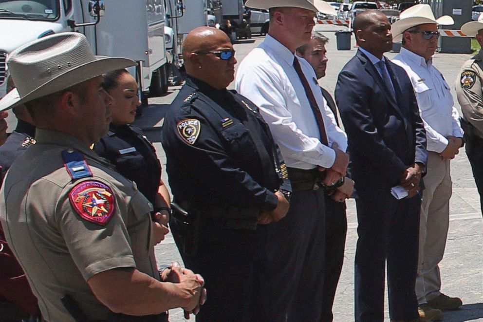 PHOTO: Uvalde School Police Chief Pete Arredondo, third from left, stands during a news conference outside of the Robb Elementary school in Uvalde, Texas, May 26, 2022. 