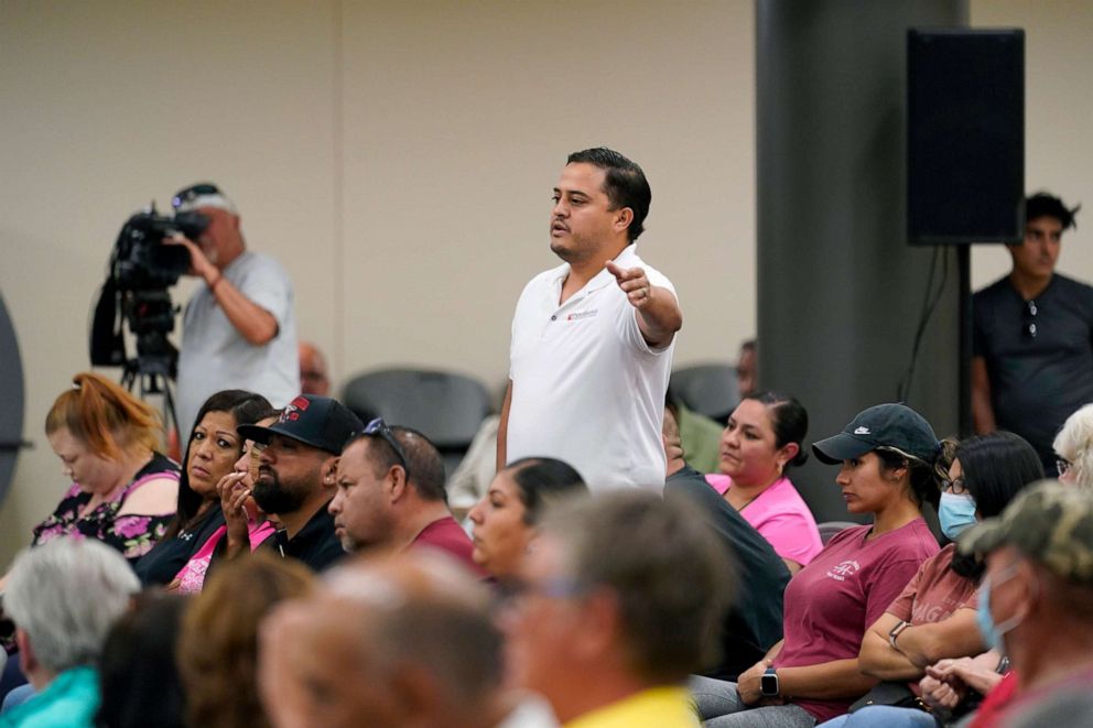 PHOTO: Residents speak about a released video during a city council meeting, July 12, 2022, in Uvalde, Texas.