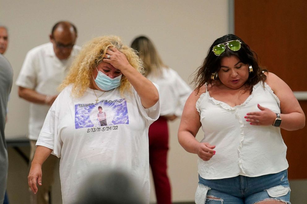 PHOTO: Grace Valencia, great aunt of shooting victim Uziyah Garcia, left, arrives for a presentation of the Texas House investigative committee report on the shootings at Robb Elementary School, on July 17, 2022, in Uvalde, Texas.
