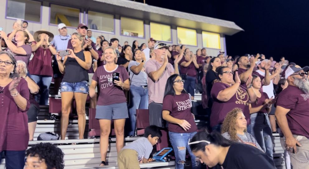 PHOTO: The visitors' section at Uvalde high school's first football game in Carrizo Springs, Texas, Aug. 26, 2022.