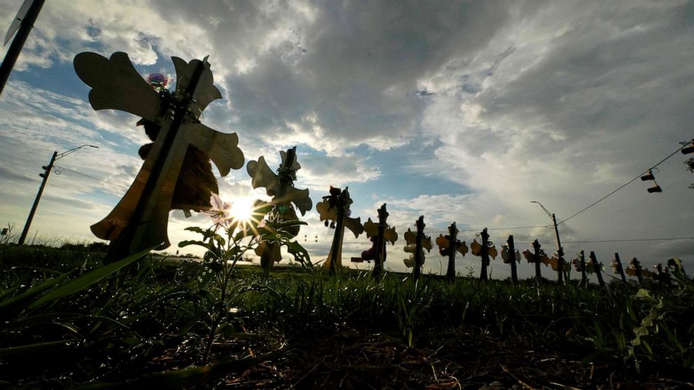 PHOTO: Crosses are placed to honor the victims of the shooting at Robb Elementary School, Aug. 25, 2022, in Uvalde, Texas.