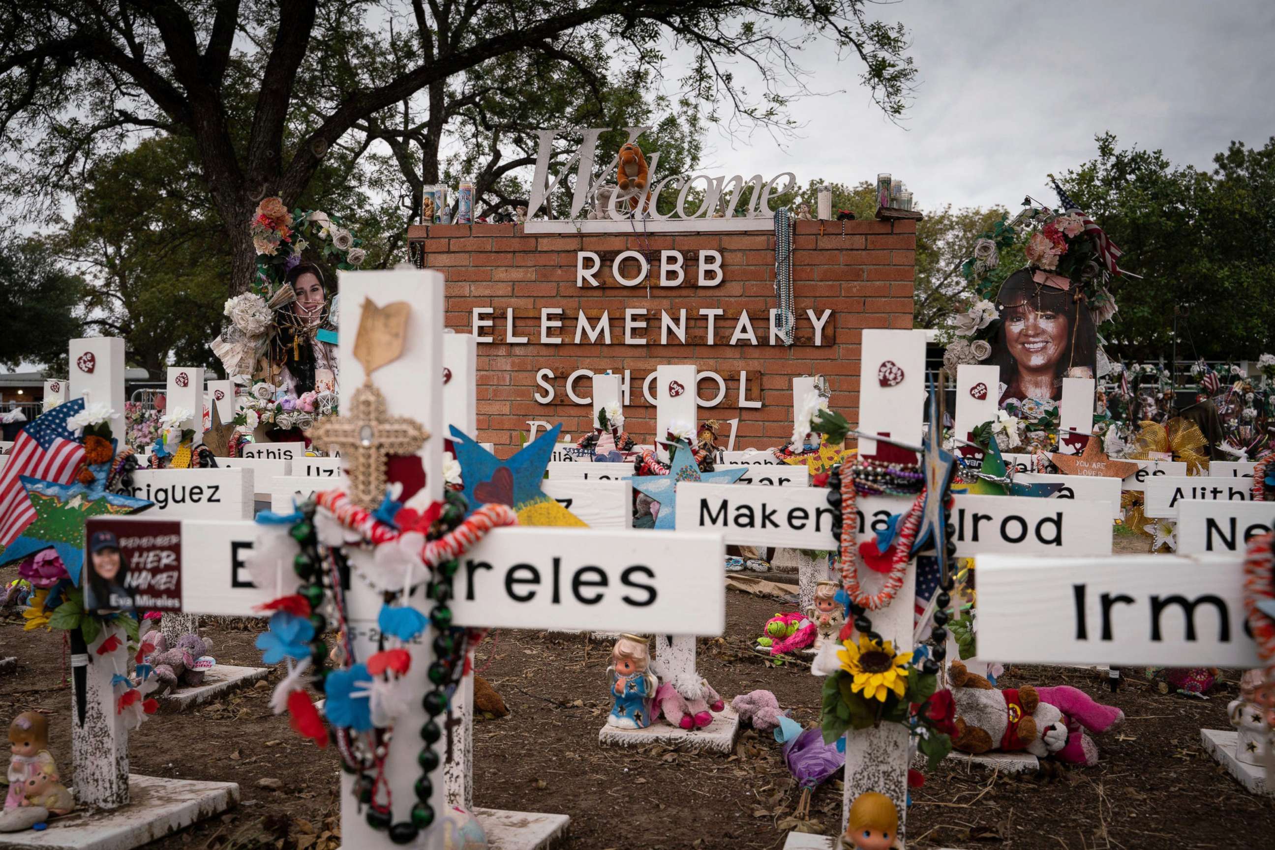 PHOTO: Memorials represent the lives of 19 children and 2 teachers killed in a mass school shooting on May 24, 2022, outside of Robb Elementary School in Uvalde, Texas on Nov. 18, 2022.