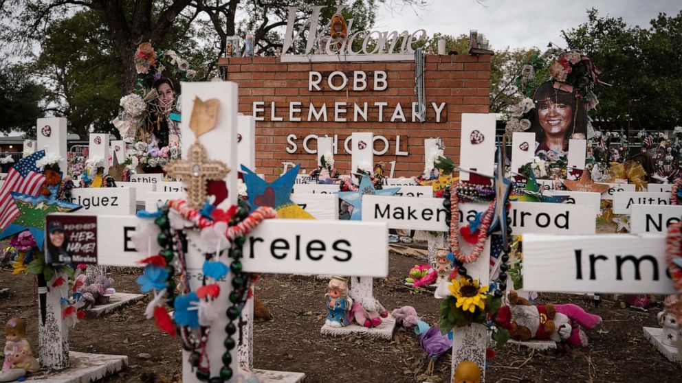 PHOTO: Memorials represent the lives of 19 children and 2 teachers killed in a mass school shooting on May 24, 2022, outside of Robb Elementary School in Uvalde, Texas on Nov. 18, 2022.